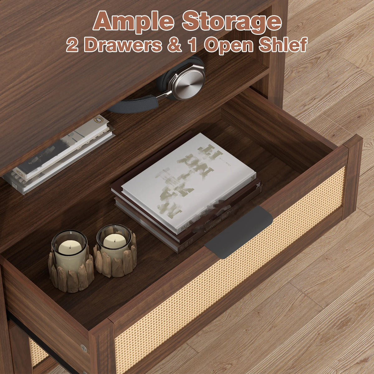 Modern Wooden Nightstand With Dual Power Charging Ports