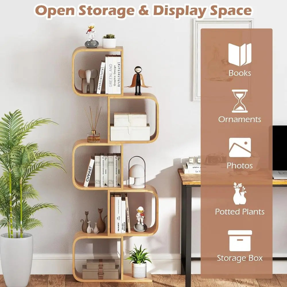 Five Tier Bamboo S Shaped Bookshelf With Open Cubes