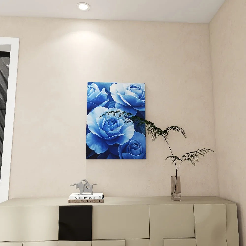 Vibrant Blue Rose Canvas Art Print with Thick Pine Frame and Fine Detail