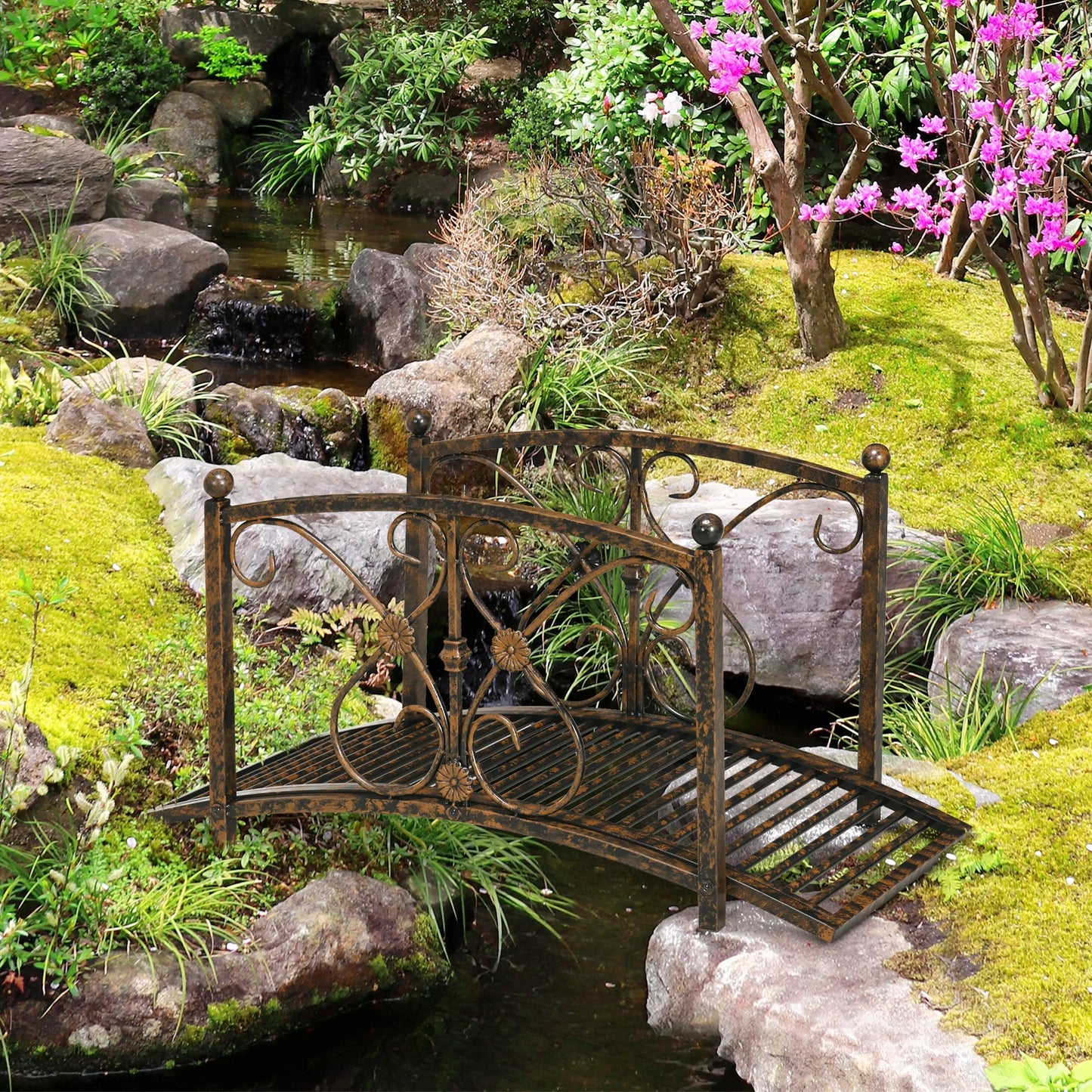 Metal Garden Bridge With Safety Railings For Pond And Stream