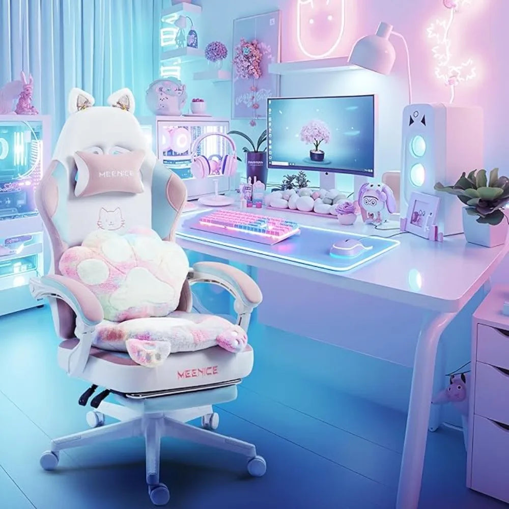Cute Cat Ears Gaming Chair with Footrest Ergonomic Reclining Computer Chair