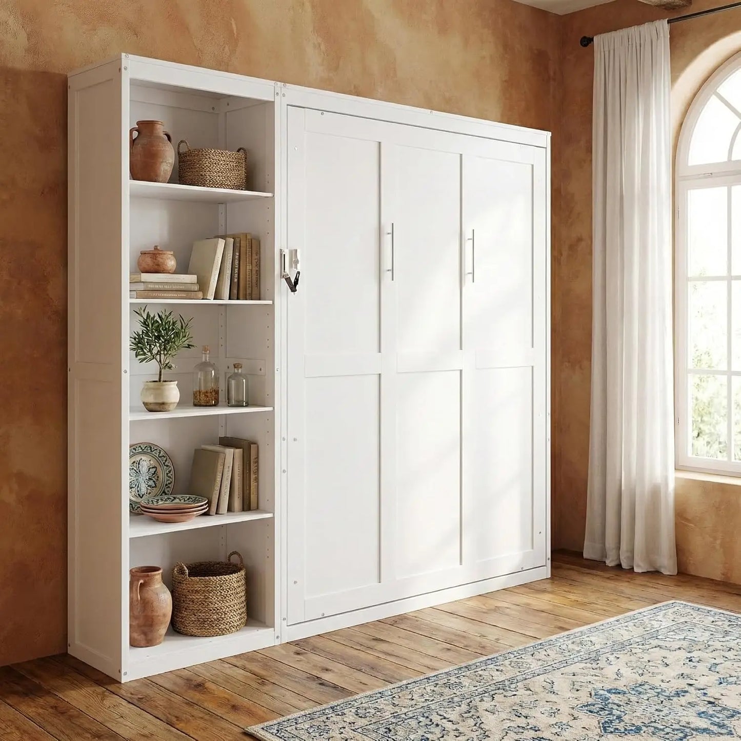 Wood Wall Murphy Bed With Two Closets And Shelving