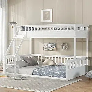 Low Bunk Beds Twin XL Over Queen with Ladder and Guardrail for Kids