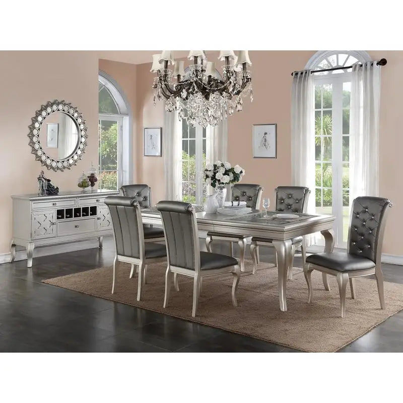 Rectangular Glass Dining Table Set With Six Tufted Chairs