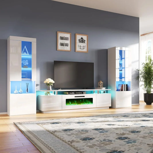 Modern 80 Inch Fireplace TV Stand with High Gloss Bookshelves and LED Lights