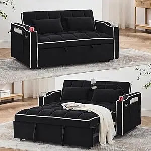 Foldable Sofa Bed with USB Ports Modern Velvet Loveseat Sleeper Couch