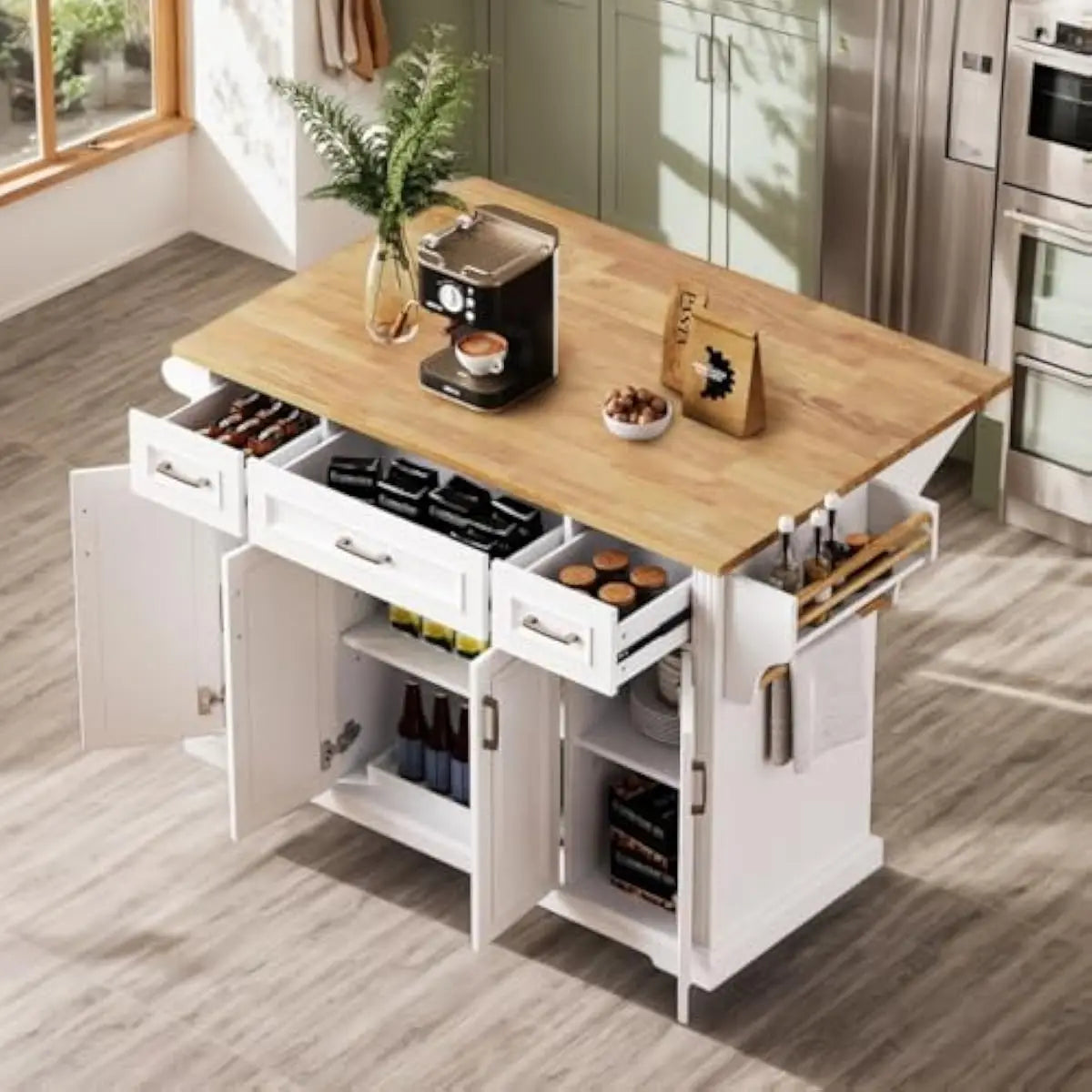 Mobile Kitchen Island With Drop Leaf Countertop, Drawer Storage