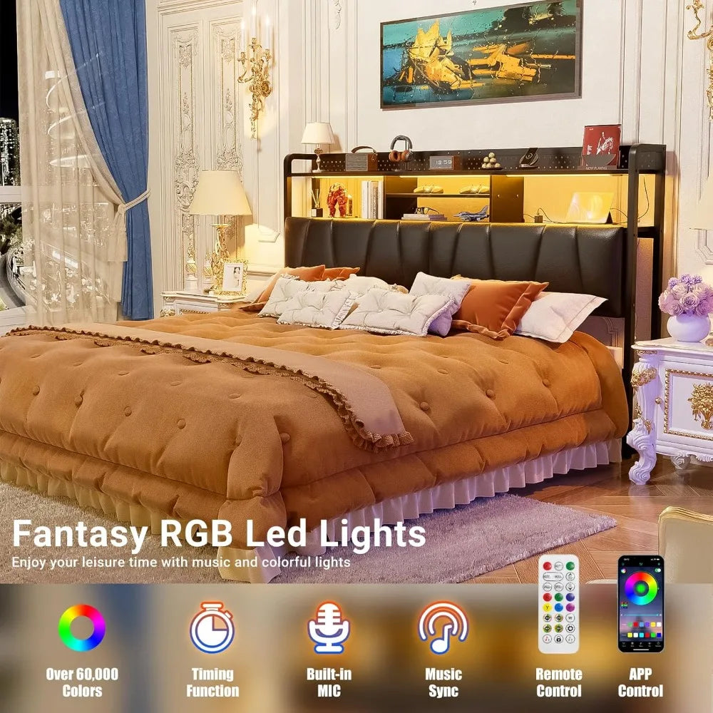 MKDK Bed Frame With Upholstered Headboard USB Outlets LED