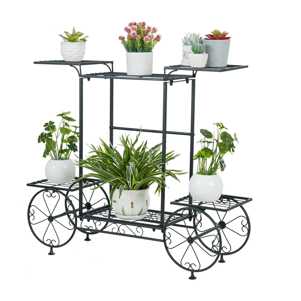 Metal Garden Cart Plant Stand For Indoor Outdoor Flowers