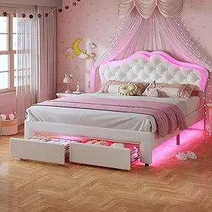 Velvet Button Upholstered Platform Bed With Storage LED Lights