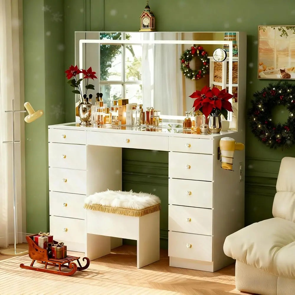 Glass Top Vanity Desk With Mirror And Built-In Lighting