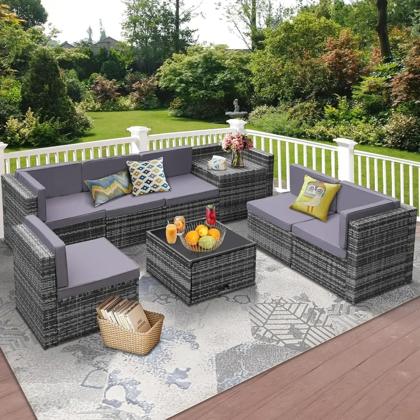 Rattan Patio Sectional Glass Top Table With Hidden Storage
