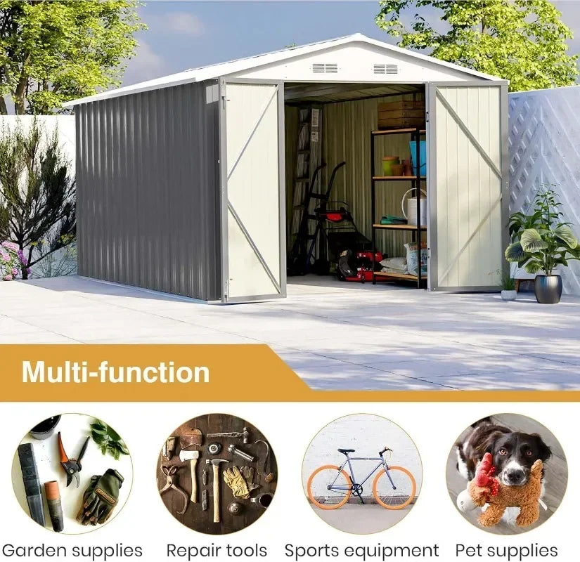 Outdoor Steel Shed With Lockable Doors And Tool Storage