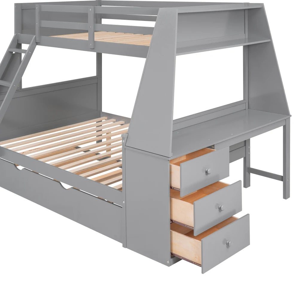 Modern Pine Wood Bunk Bed With Trundle And Built In Desk