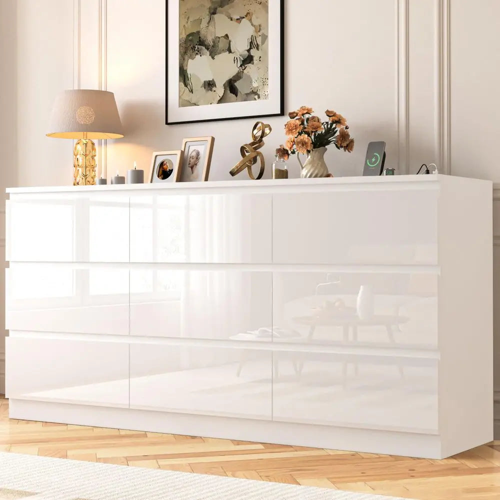 Nine Drawer Dresser With Power Outlet High Gloss Finish