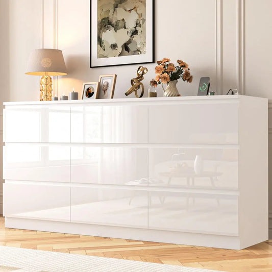 Nine Drawer Dresser With Power Outlet High Gloss Finish