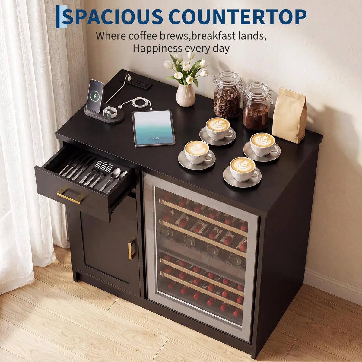 HiMISS Farmhouse Wine Bar Cabinet With USB Outlets Storage