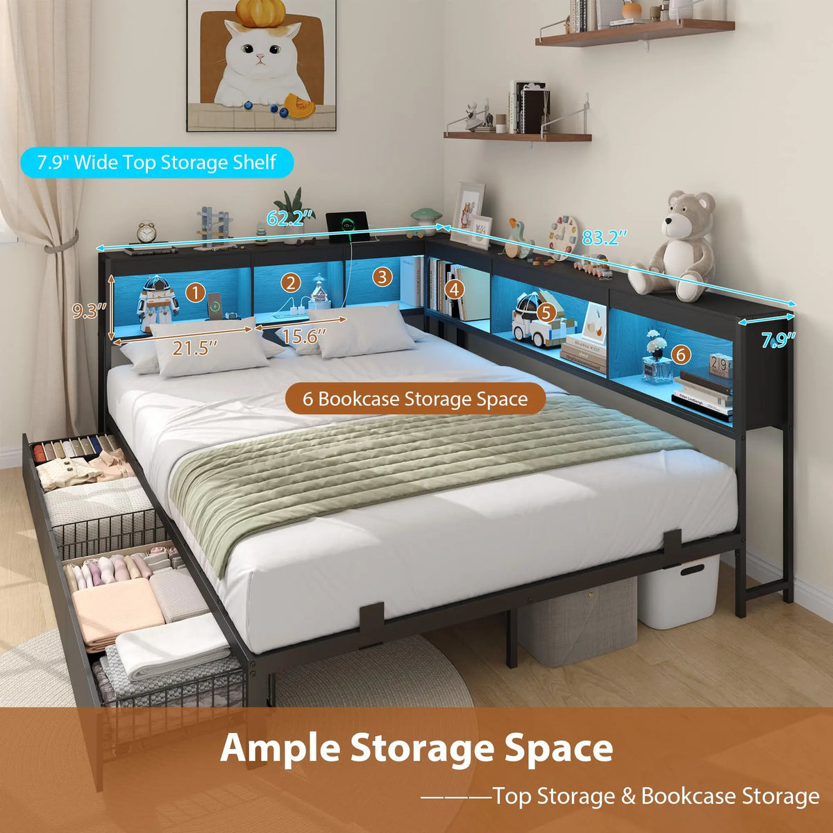 HiMISS Corner Bed Frame Bookcase Headboard And LED Lights
