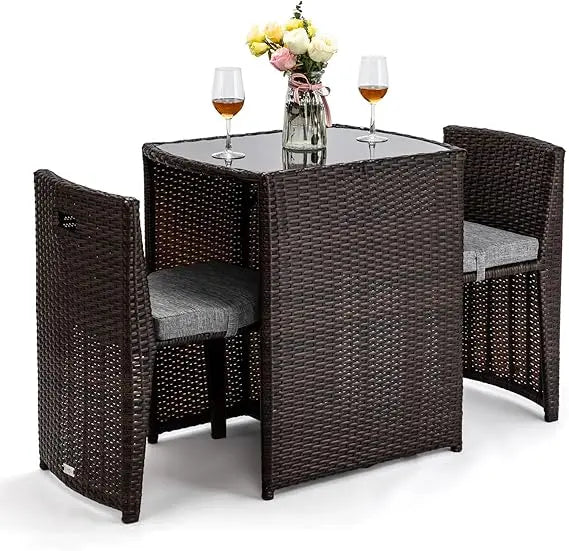 Wicker Outdoor Patio Bistro Set With Glass Table Top