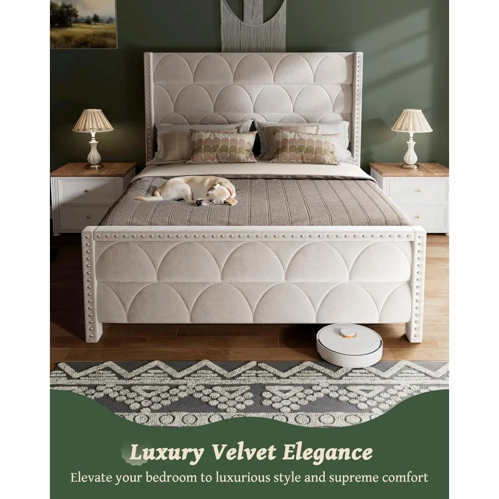 Queen Size Velvet Upholstered Wingback Bed Frame with 56 Inch Headboard