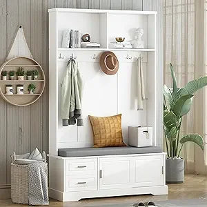 58.8 Inch Wide Hall Tree with Bench Coat Rack Hooks Drawers and Adjustable Shelves