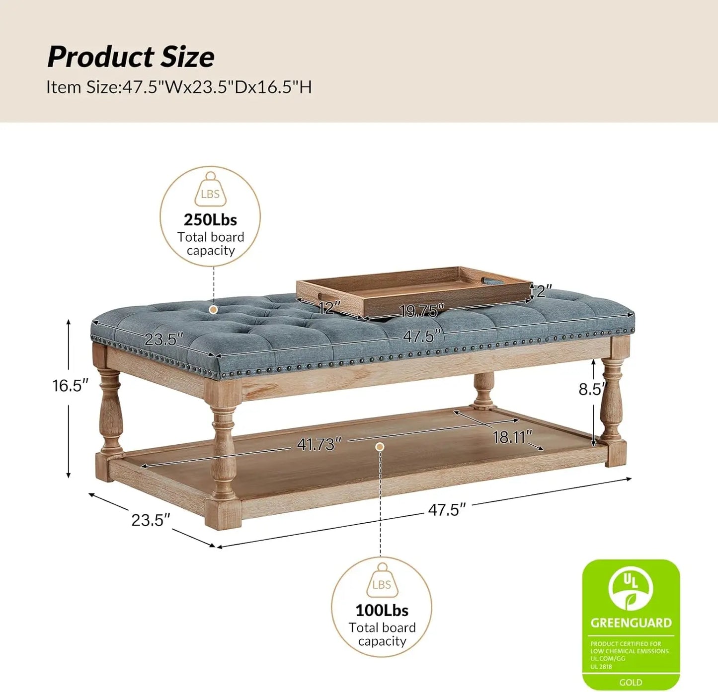 Rectangle Ottoman Coffee Table With Tray And Tufted Wood Storage Shelf