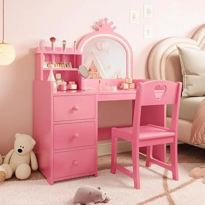 Kids Vanity With Lights Princess Makeup Desk Chair