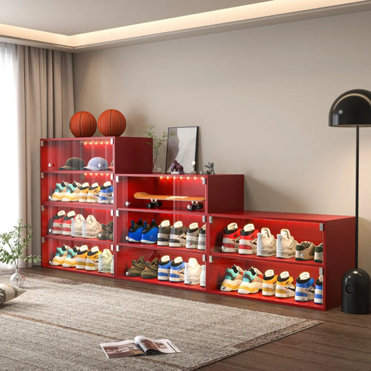 Red Glass Door Shoe Storage Cabinet with RGB LED Light for Sneakers