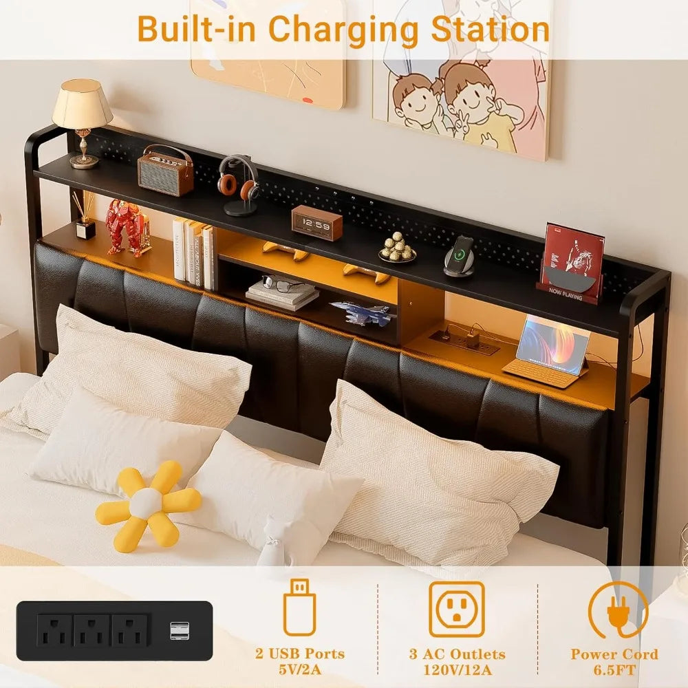 MKDK Bed Frame With Upholstered Headboard USB Outlets LED