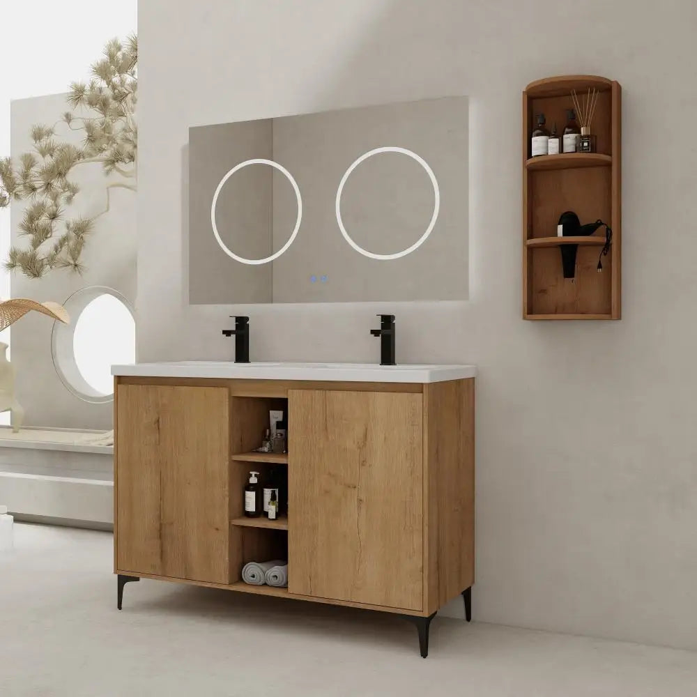 LWO Freestanding Bathroom Vanity With Double Sink And Storage Rack