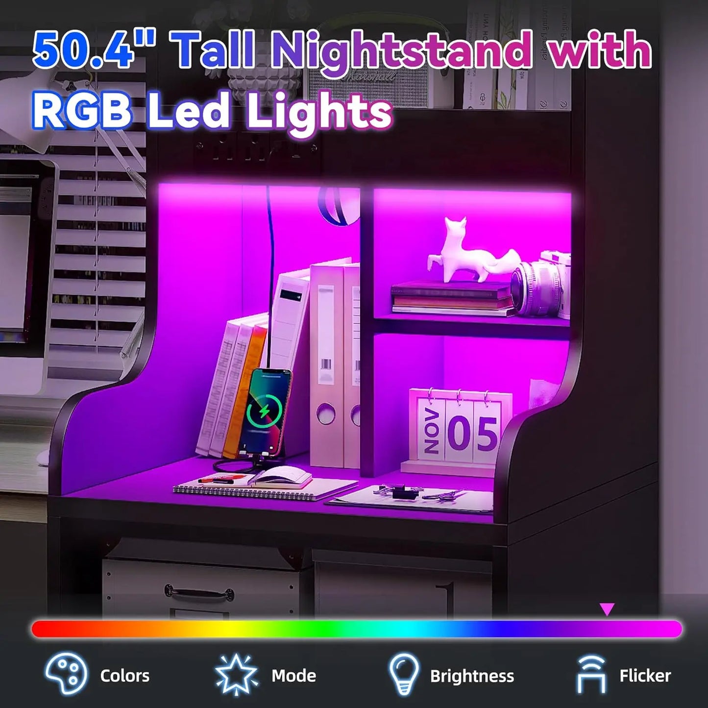Tall Black Nightstand with LED Lights and Charging Station Two Drawer Design