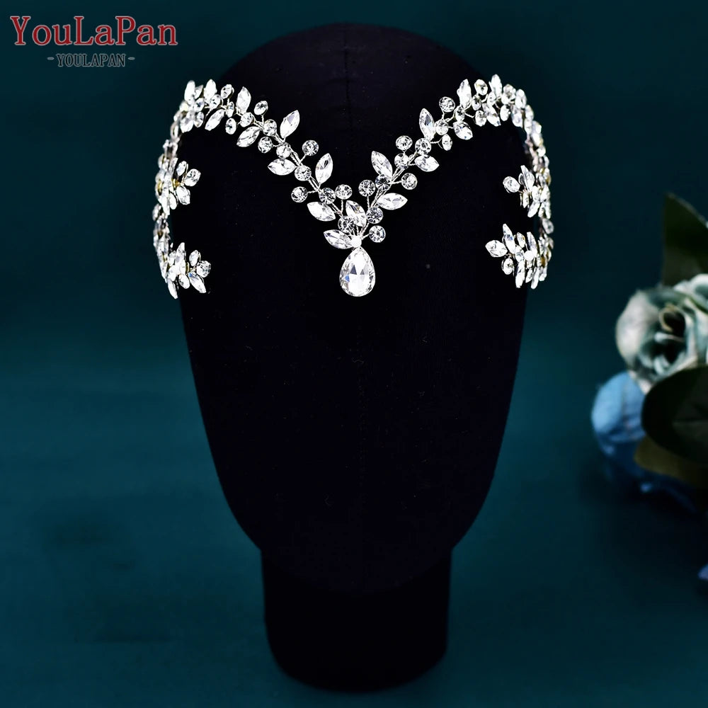 YouLaPan Bride Forehead Rhinestone Headband for Weddings