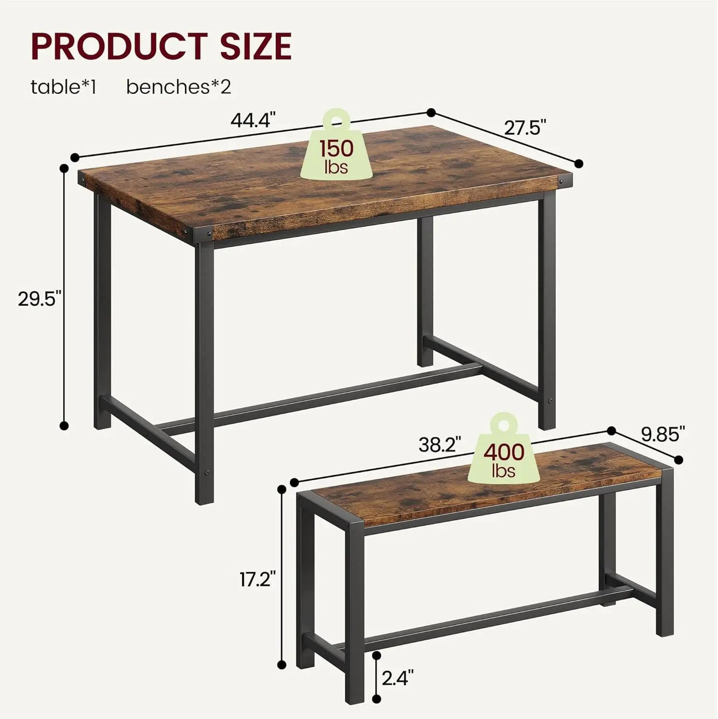 HiMISS Dining Table Set For 4 With Metalwood Benches