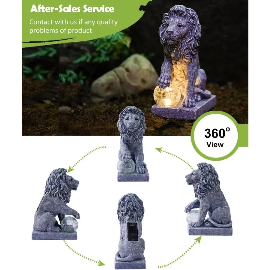 High Concerned Guardian Lion Garden Statue Ball Lights Outdoor
