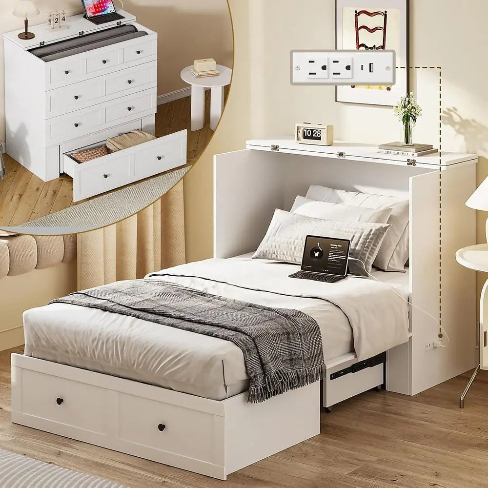 Twin Size Murphy Bed With Fabric Upholstery And Charging Station