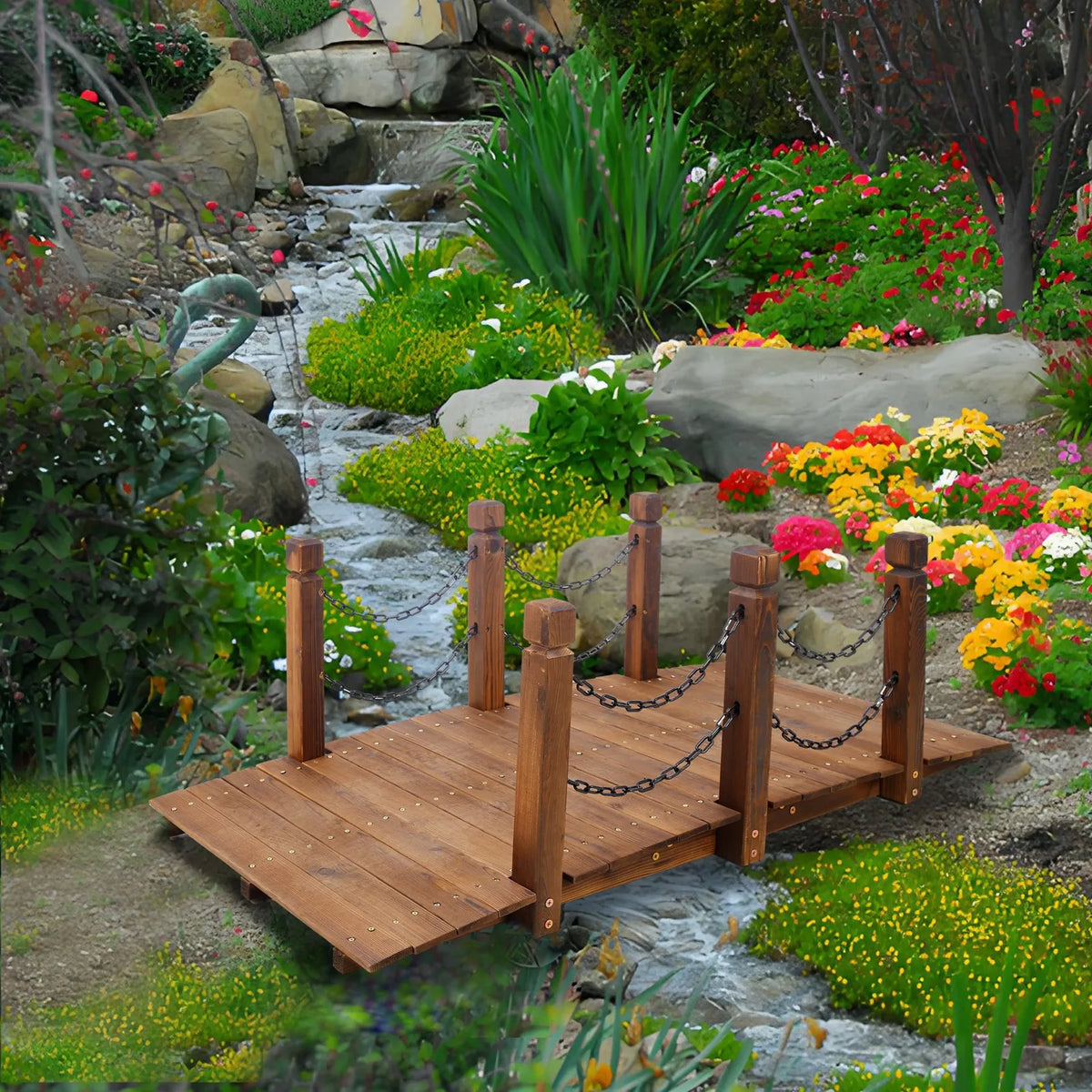 Wooden Garden Footbridge With Chain Railings for Decorative Pond