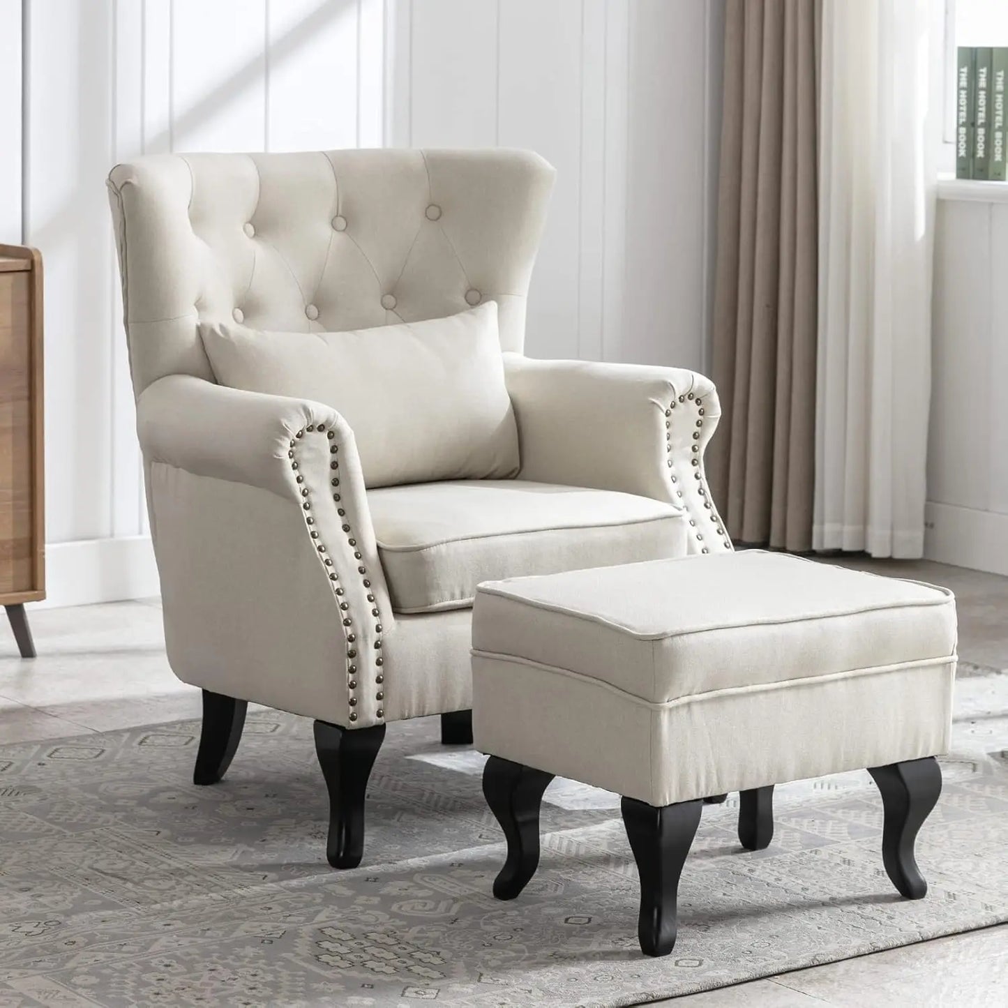 General Chair With Ottoman Wingback Tufted Linen Armchair