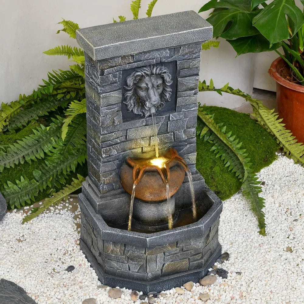 Outdoor Floor Standing Lion Head Water Fountain With Lights