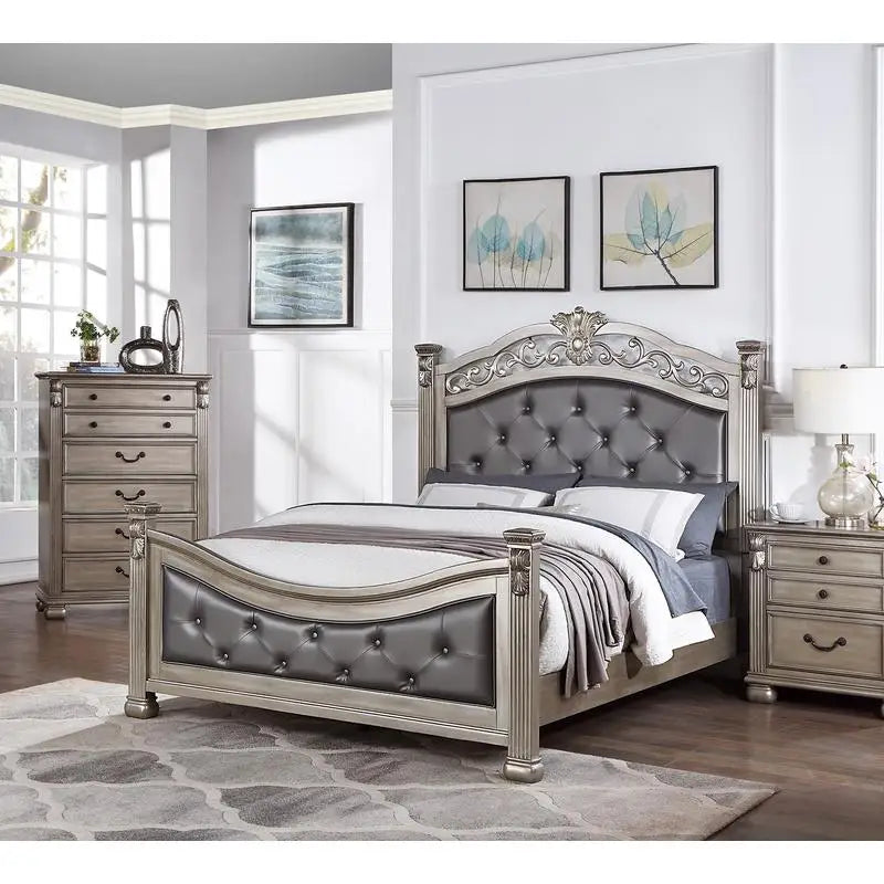 California King Bed With Tufted Faux Leather Headboard