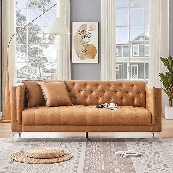 DAFIFY Three Seater Faux Leather Sofa With Tufted Cushions