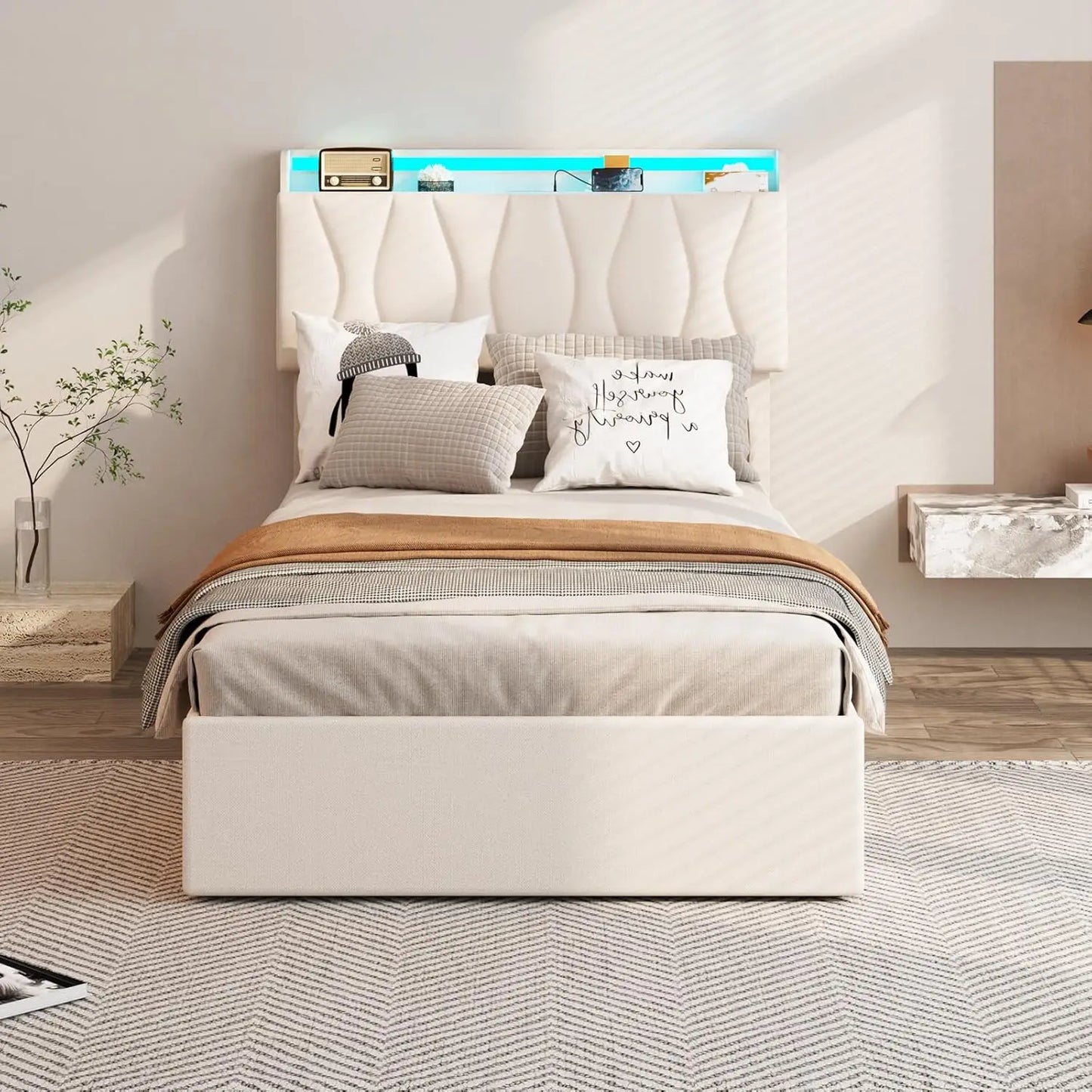 Vabches Lift Up Bed Frame With Storage Headboard And Led