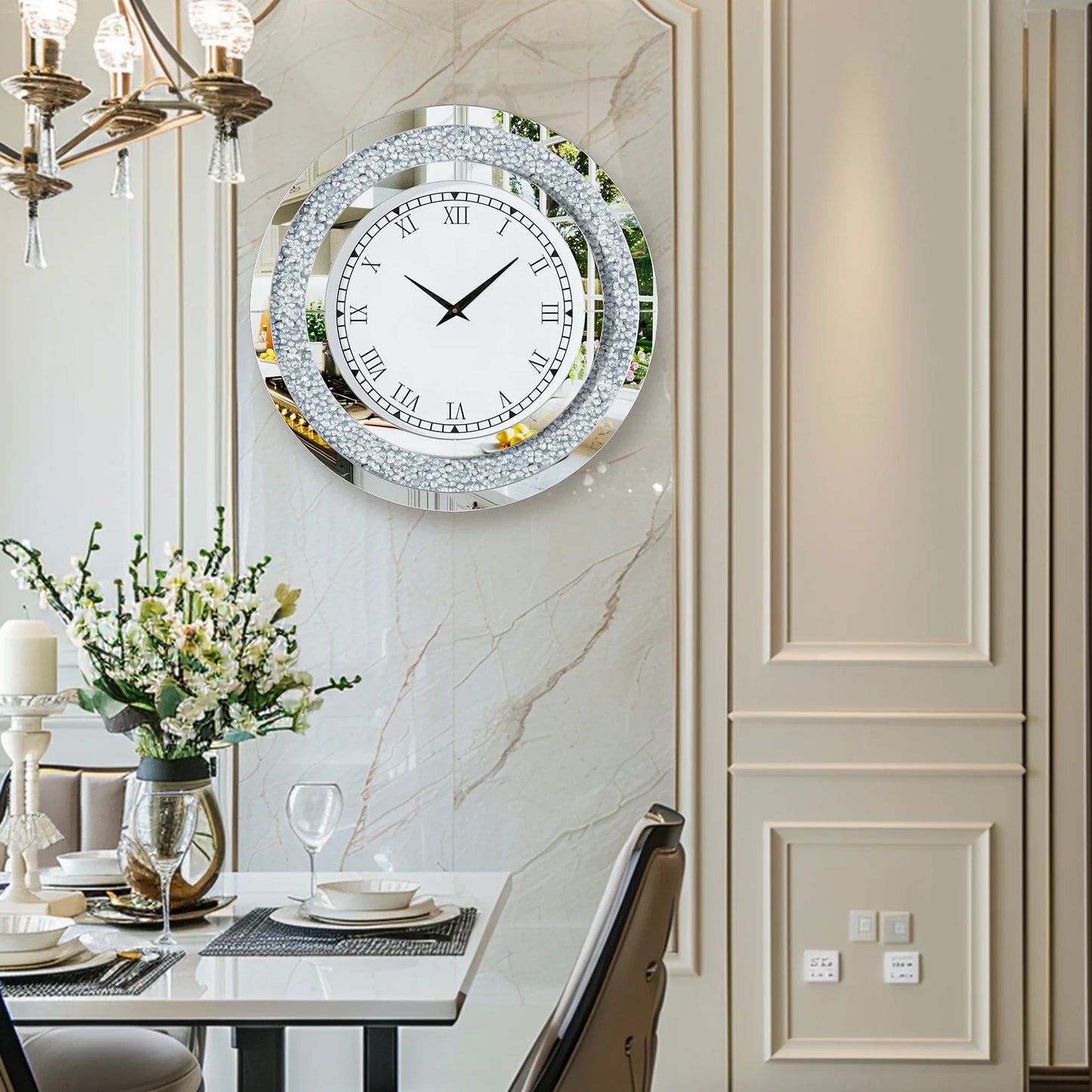 Round Mirror Wall Clock For Living Room Decor Elegant