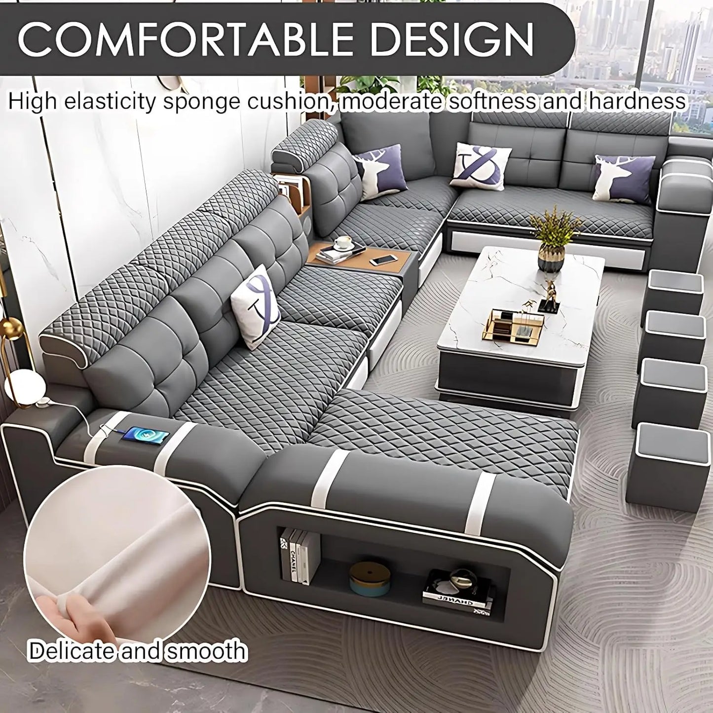 Combination Modern Faux Leather L Shaped Ergonomic Sofa Set