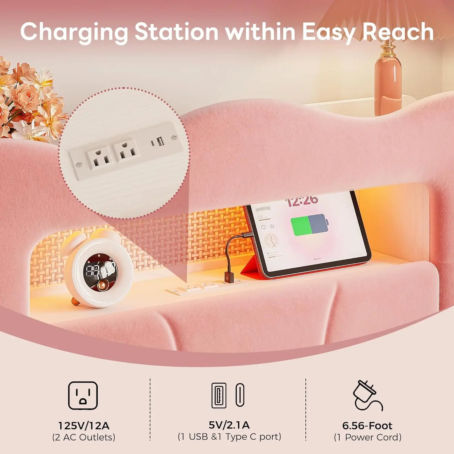 Velvet Platform Bed Frame With Drawers And Charging Station