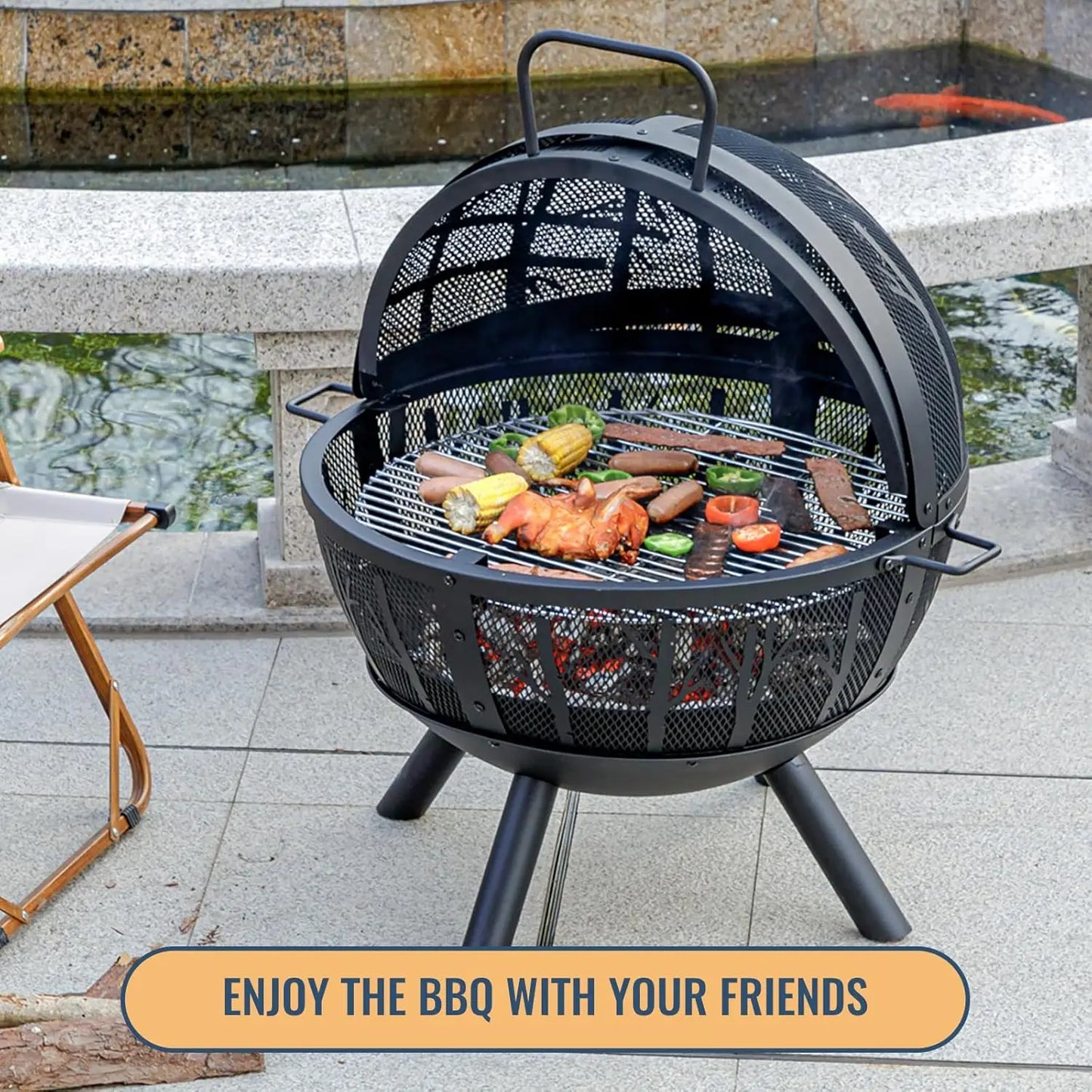 XMSJ Wood Burning Fire Pit With Grill Spark Screen