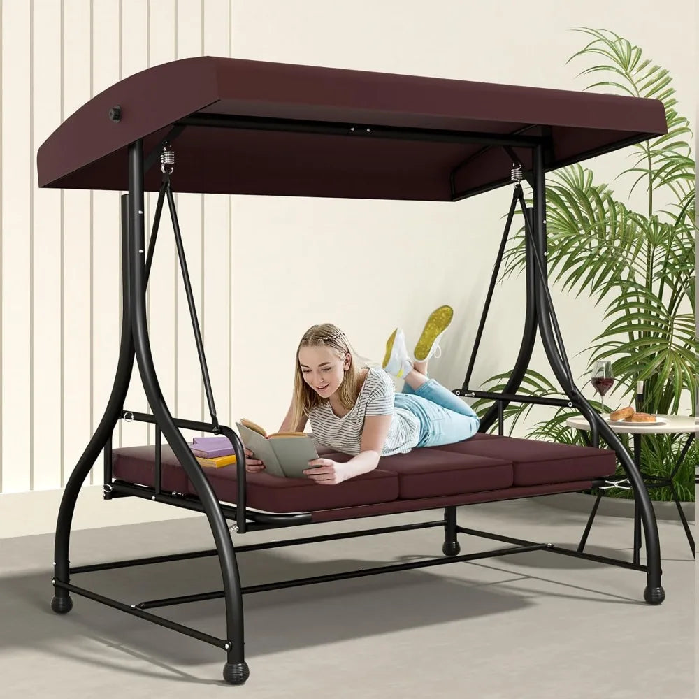3 In 1 Porch Swing With Canopy Cushions Heavy Duty Stand