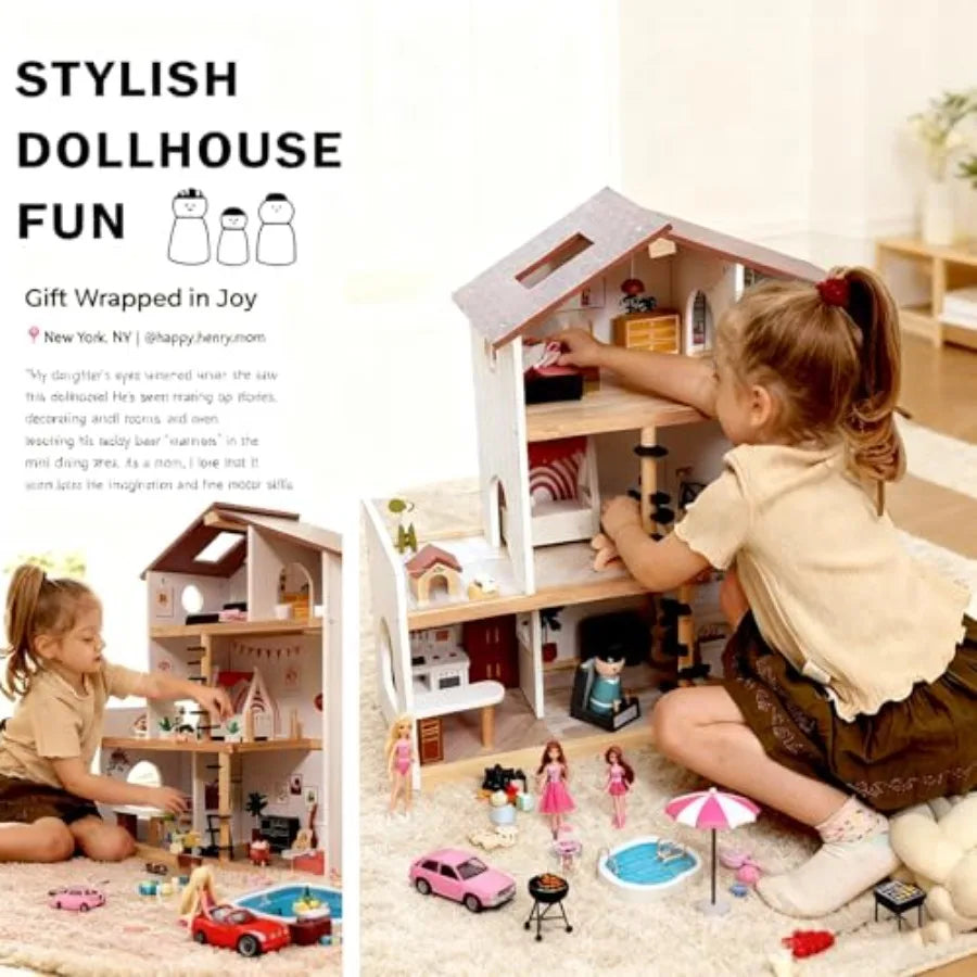 OLOEY Wooden Doll House With 53 Pcs Furniture Six Rooms Spiral Staircase Balcony