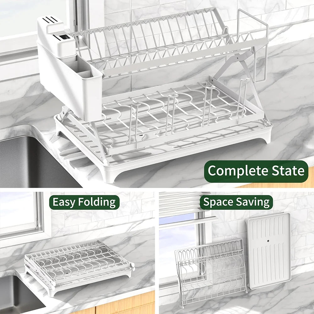 Hign-concerned 2 Tier Kitchen Dish Drainer Rack With Drain
