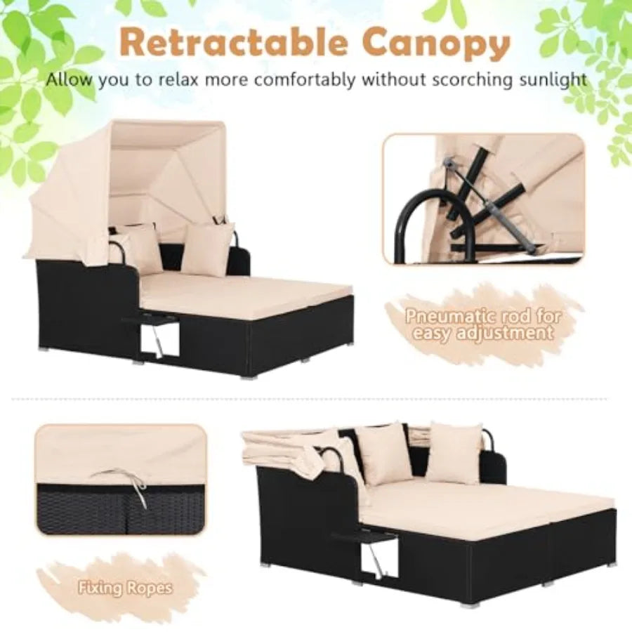 Patio Rattan Daybed With Retractable Canopy Folding Side Tables