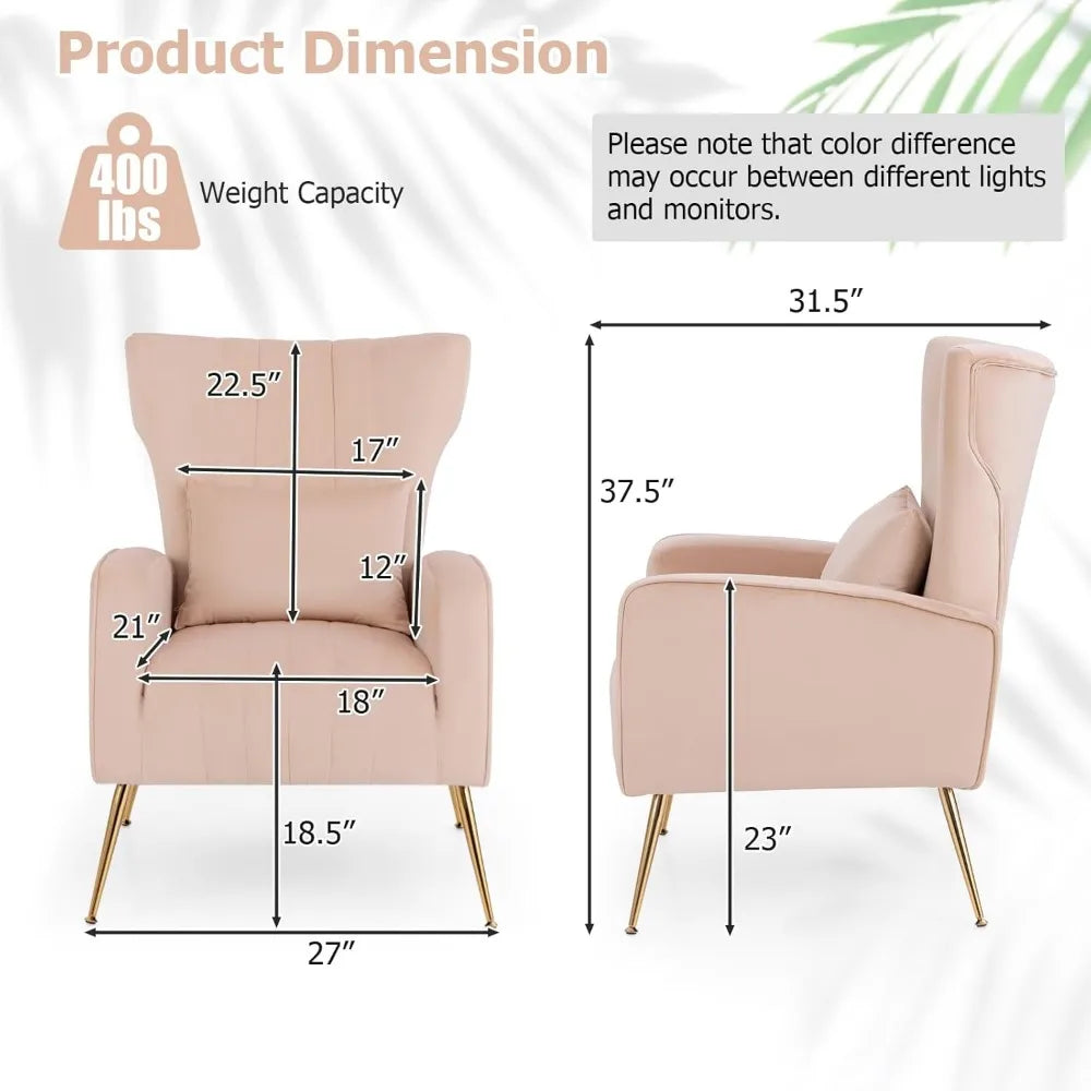 Velvet Accent Chair with Lumbar Pillow Mid Century Modern Wingback Design